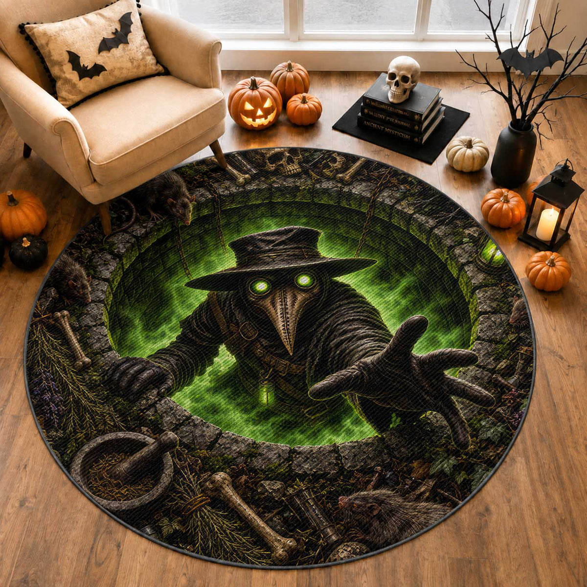 Plague Doctor Rising From Cracked Earth Pit 3D Optical Illusion Round Rug Spooky Halloween Gothic Horror Graphic
