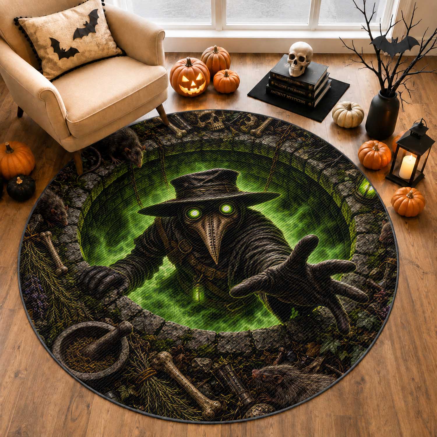 Plague Doctor Rising From Cracked Earth Pit 3D Optical Illusion Round Rug Spooky Halloween Gothic Horror Graphic