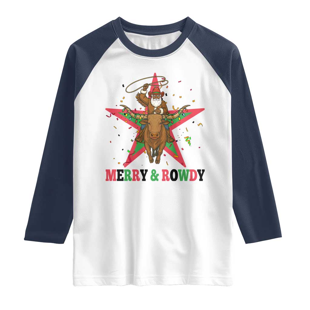 Merry And Rowdy Kwanzaa Santa Cowboy Christmas Gift Raglan Shirt TS12 White Navy Print Your Wear