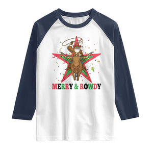 Merry And Rowdy Kwanzaa Santa Cowboy Christmas Gift Raglan Shirt TS12 White Navy Print Your Wear