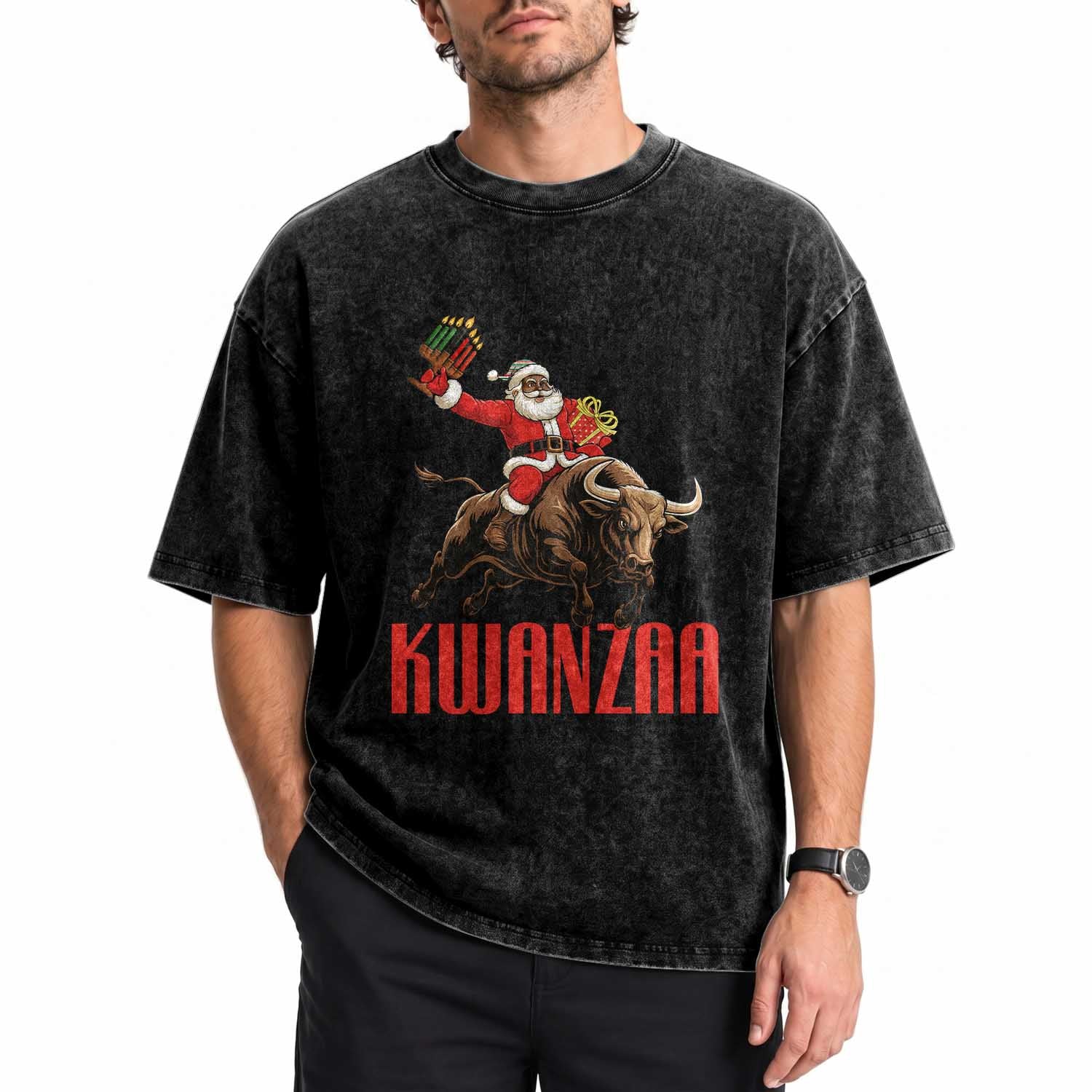 Happy Kwanzaa Washed Cotton T-Shirt Rodeo Black Santa African American Holiday Gift