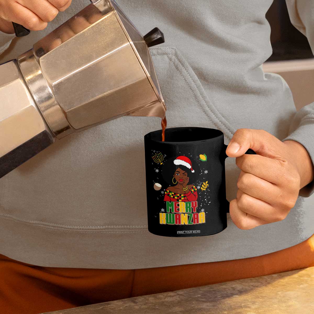 Merry Kwanzaa African American Girl Santa Hat Coffee Mug Christmas Gift TS12 Print Your Wear