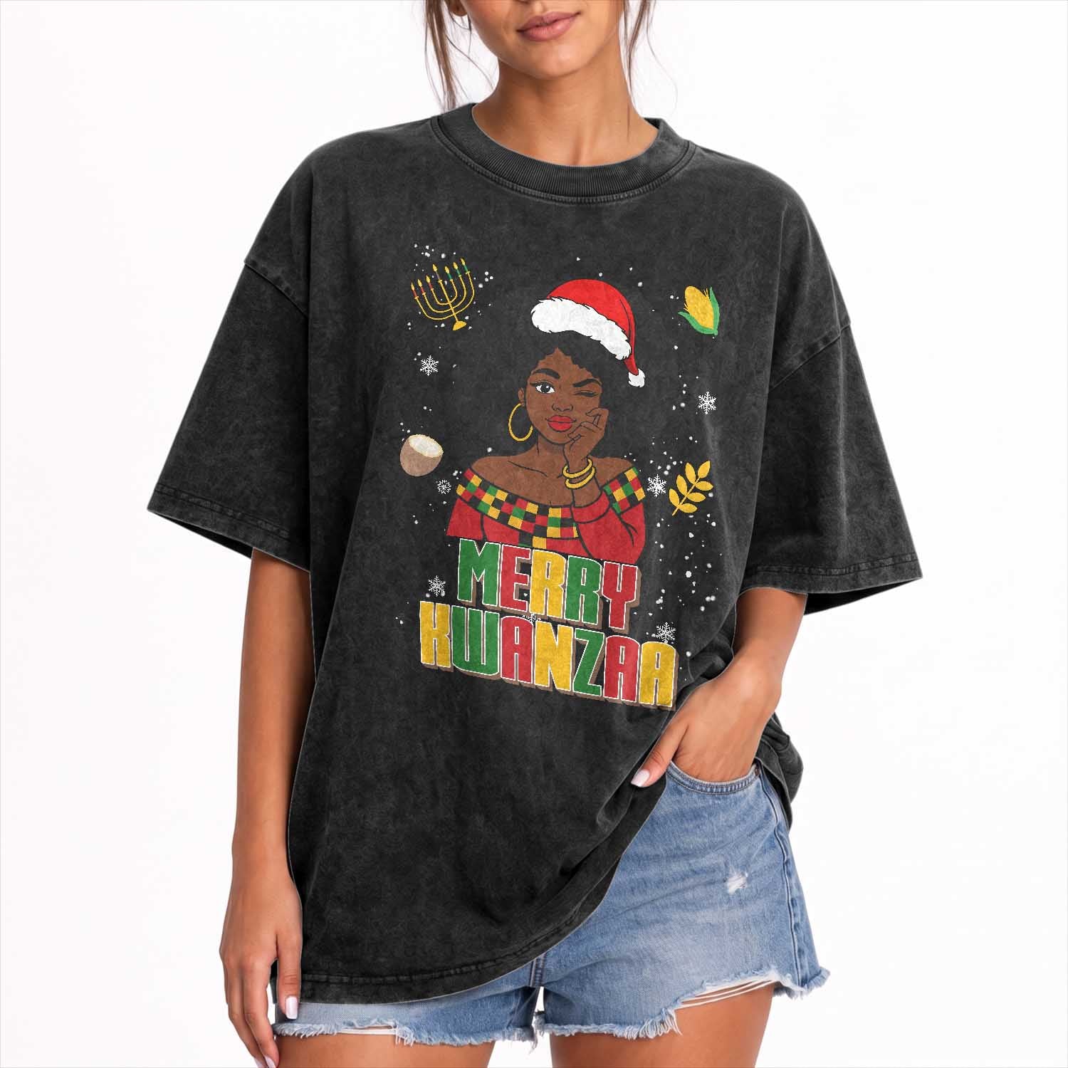 Merry Kwanzaa African American Girl Santa Hat Washed Cotton T-Shirt Christmas Gift