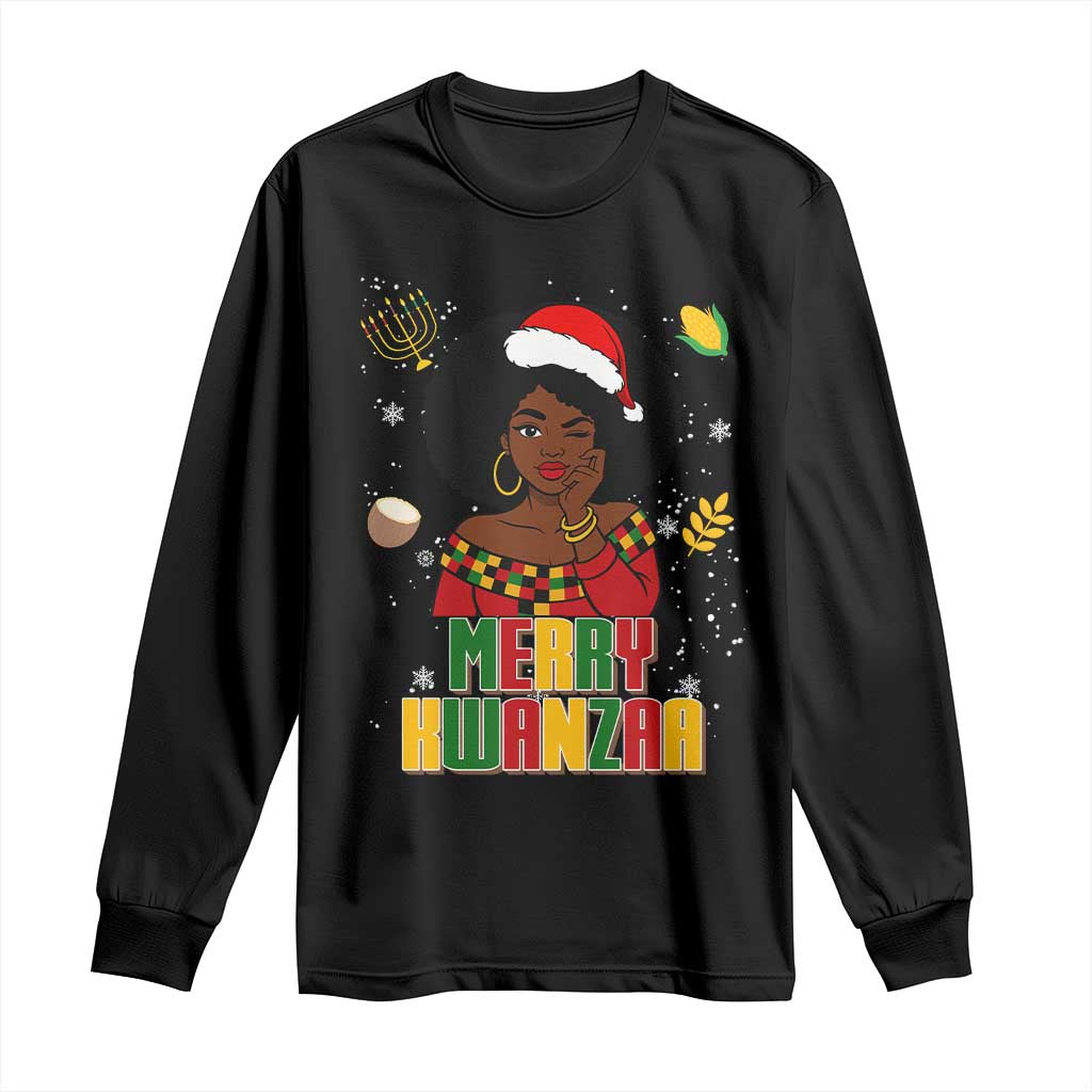 Merry Kwanzaa African American Girl Santa Hat Long Sleeve Shirt Christmas Gift TS12 Black Print Your Wear