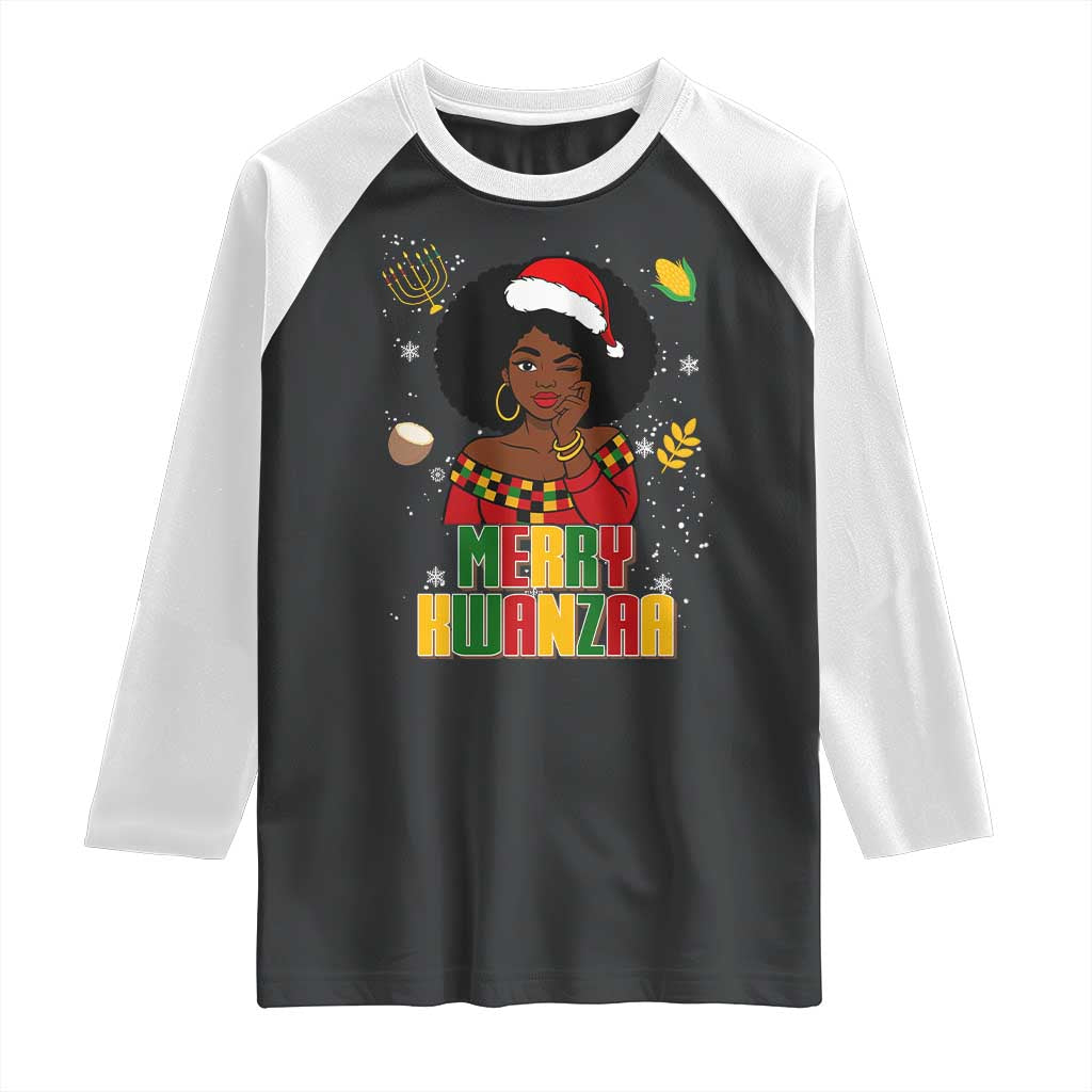 Merry Kwanzaa African American Girl Santa Hat Raglan Shirt Christmas Gift TS12 Black White Print Your Wear