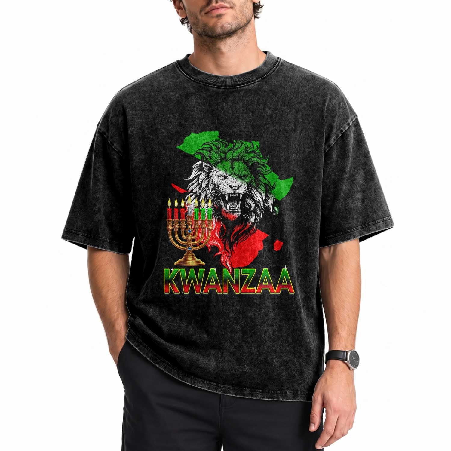 King Lion Of Africa Kwanzaa Map Washed Cotton T-Shirt Heritage Pride Gift