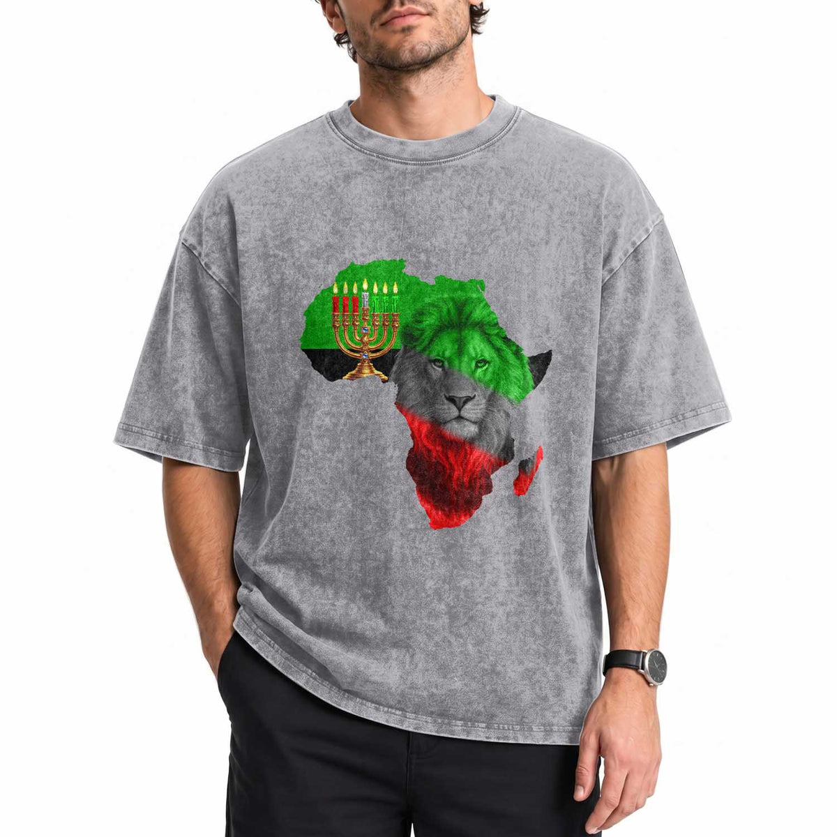 Happy Kwanzaa Lion Washed Cotton T-Shirt African Heritage Pride Gift For Men
