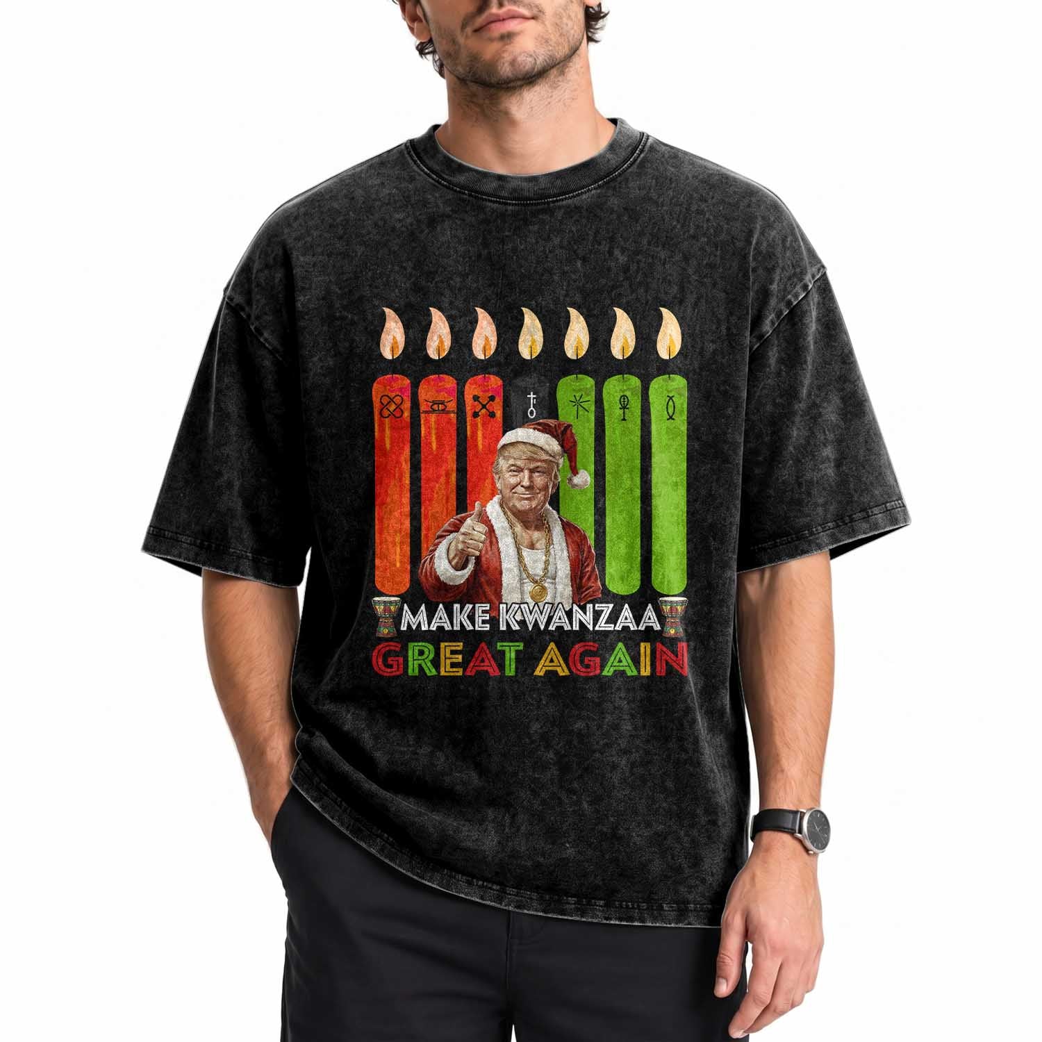 Funny Santa Trump Washed Cotton T-Shirt Make Kwanzaa Great Again African Heritage Gift