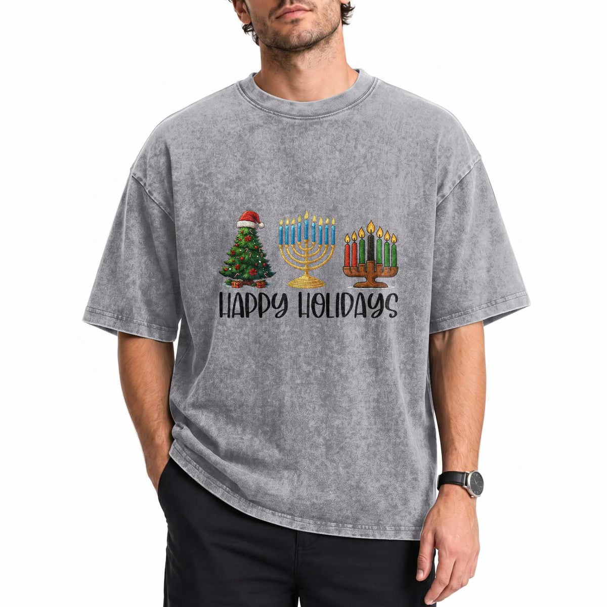 Christmas Hanukkah Kwanzaa Celebration Gift Washed Cotton T-Shirt Happy Holidays