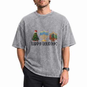 Christmas Hanukkah Kwanzaa Celebration Gift Washed Cotton T-Shirt Happy Holidays