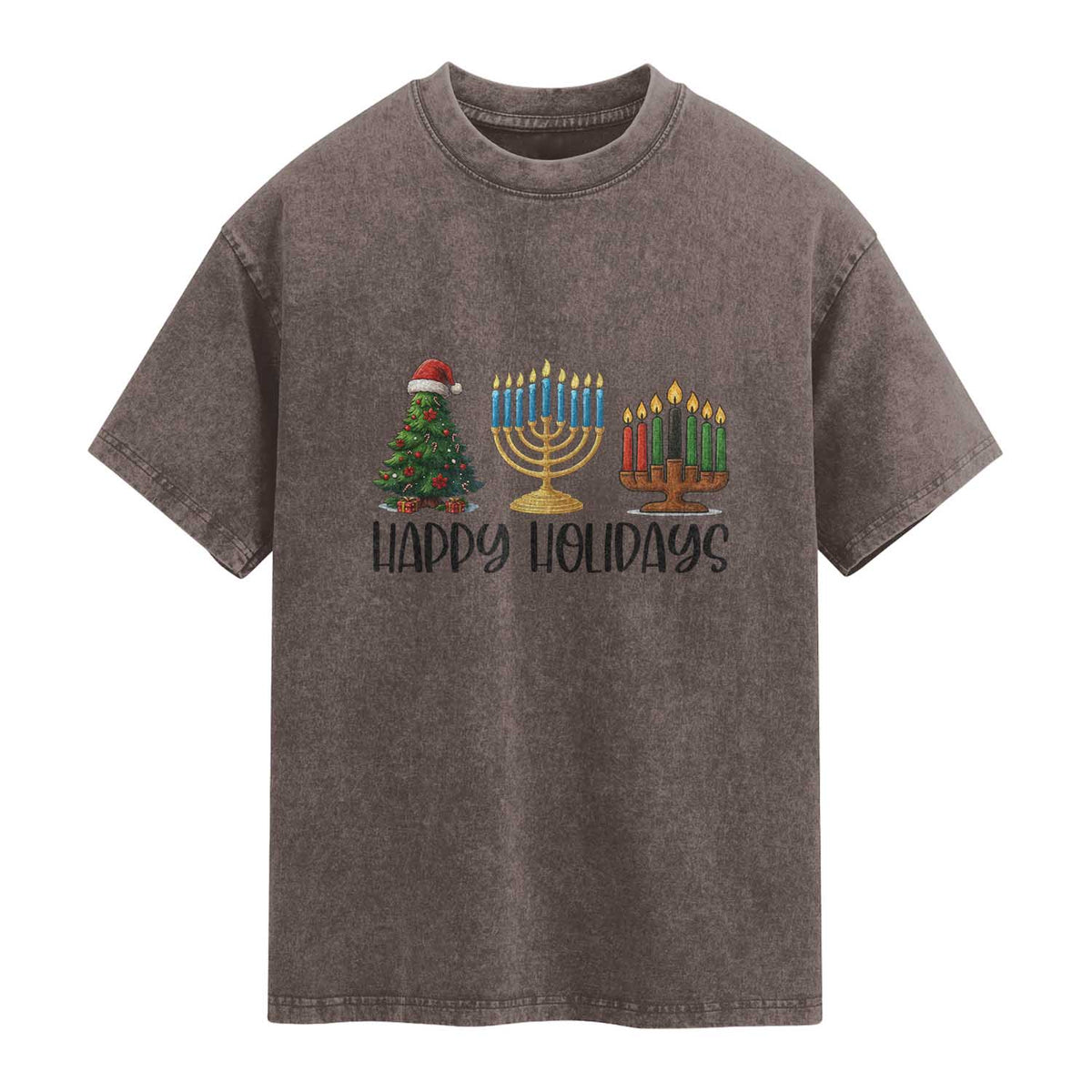 Christmas Hanukkah Kwanzaa Celebration Gift Washed Cotton T-Shirt Happy Holidays