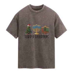 Christmas Hanukkah Kwanzaa Celebration Gift Washed Cotton T-Shirt Happy Holidays