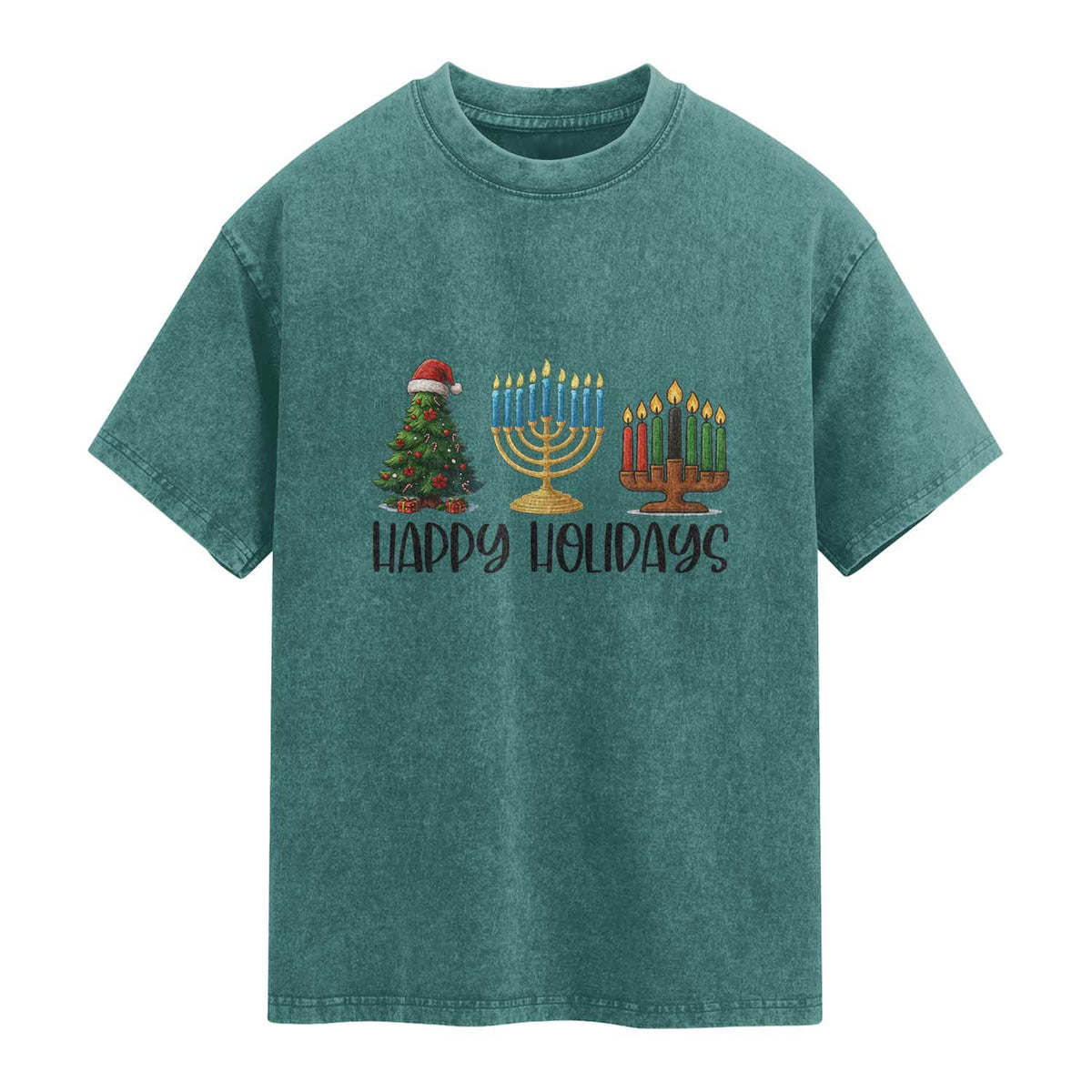 Christmas Hanukkah Kwanzaa Celebration Gift Washed Cotton T-Shirt Happy Holidays