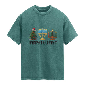 Christmas Hanukkah Kwanzaa Celebration Gift Washed Cotton T-Shirt Happy Holidays