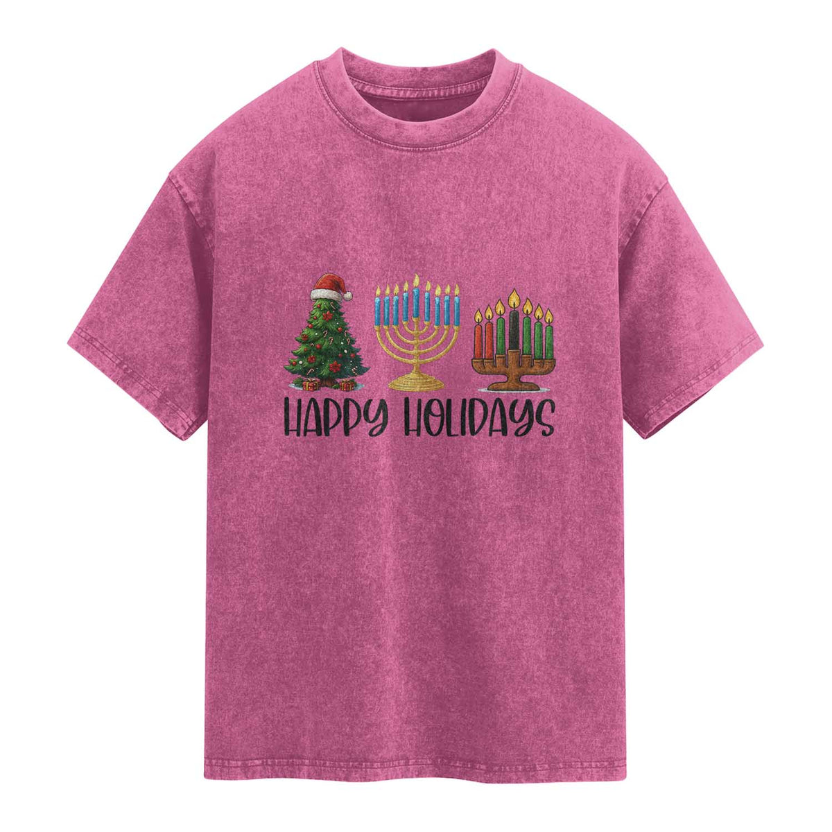 Christmas Hanukkah Kwanzaa Celebration Gift Washed Cotton T-Shirt Happy Holidays