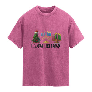 Christmas Hanukkah Kwanzaa Celebration Gift Washed Cotton T-Shirt Happy Holidays