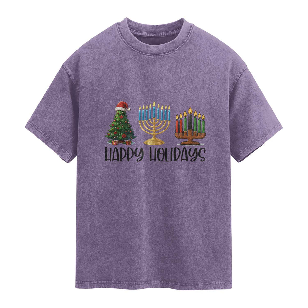 Christmas Hanukkah Kwanzaa Celebration Gift Washed Cotton T-Shirt Happy Holidays
