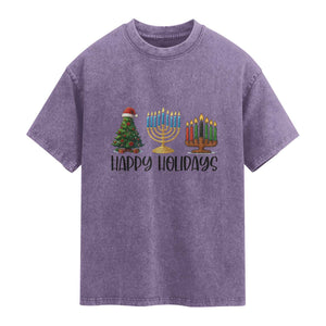 Christmas Hanukkah Kwanzaa Celebration Gift Washed Cotton T-Shirt Happy Holidays