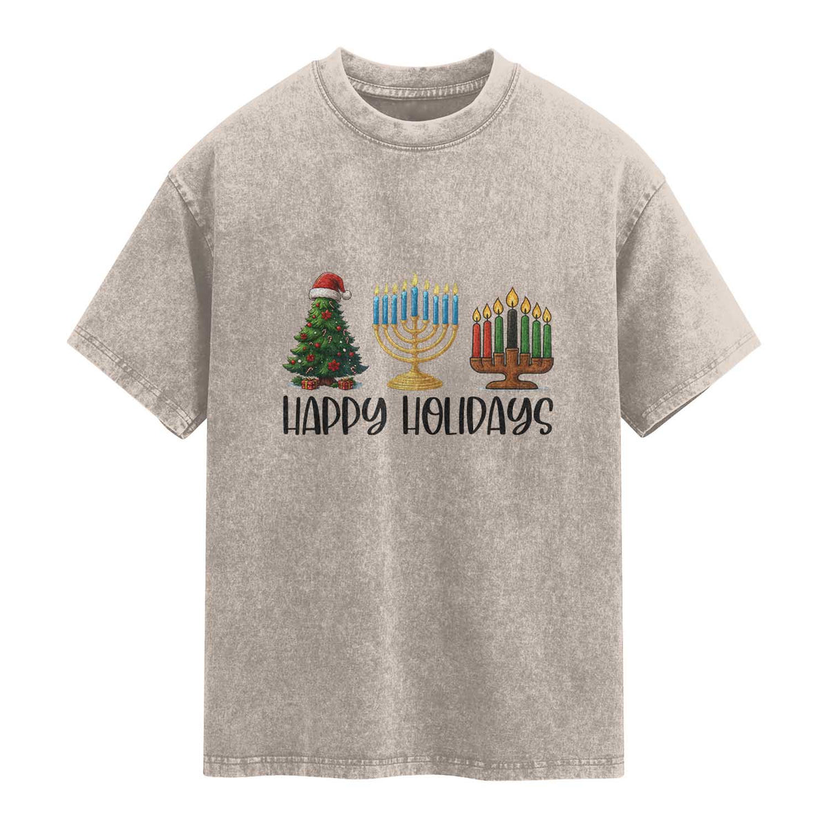 Christmas Hanukkah Kwanzaa Celebration Gift Washed Cotton T-Shirt Happy Holidays