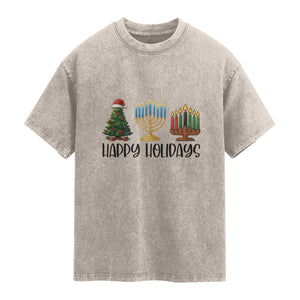 Christmas Hanukkah Kwanzaa Celebration Gift Washed Cotton T-Shirt Happy Holidays