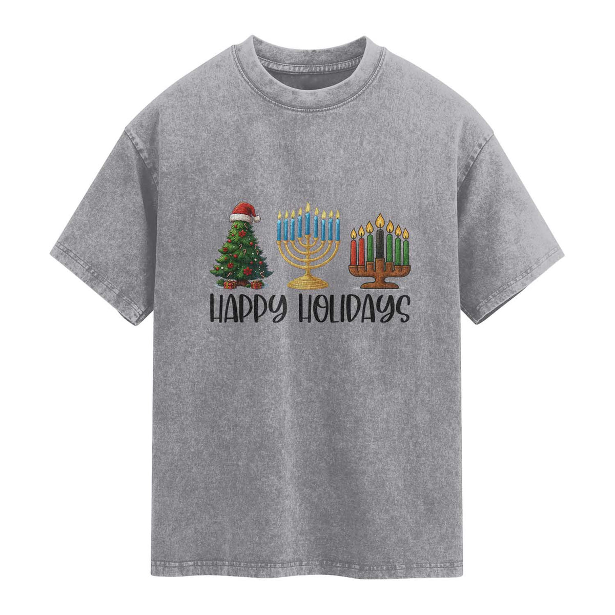 Christmas Hanukkah Kwanzaa Celebration Gift Washed Cotton T-Shirt Happy Holidays
