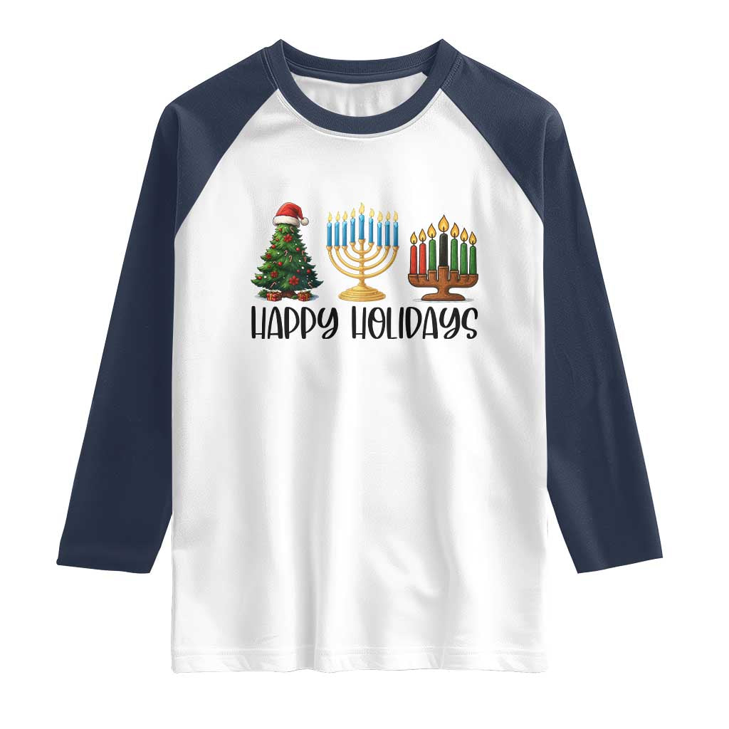 Christmas Hanukkah Kwanzaa Celebration Gift Raglan Shirt Happy Holidays TS12 White Navy Print Your Wear