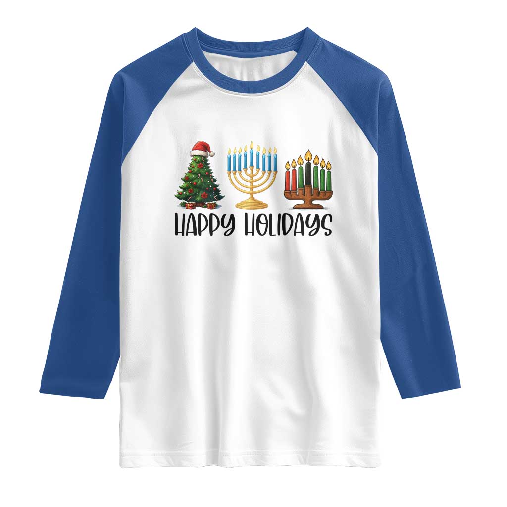 Christmas Hanukkah Kwanzaa Celebration Gift Raglan Shirt Happy Holidays TS12 White Royal Print Your Wear