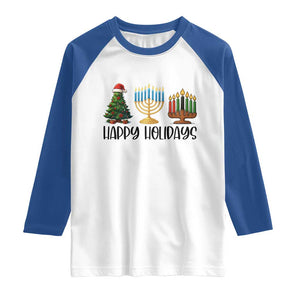Christmas Hanukkah Kwanzaa Celebration Gift Raglan Shirt Happy Holidays TS12 White Royal Print Your Wear