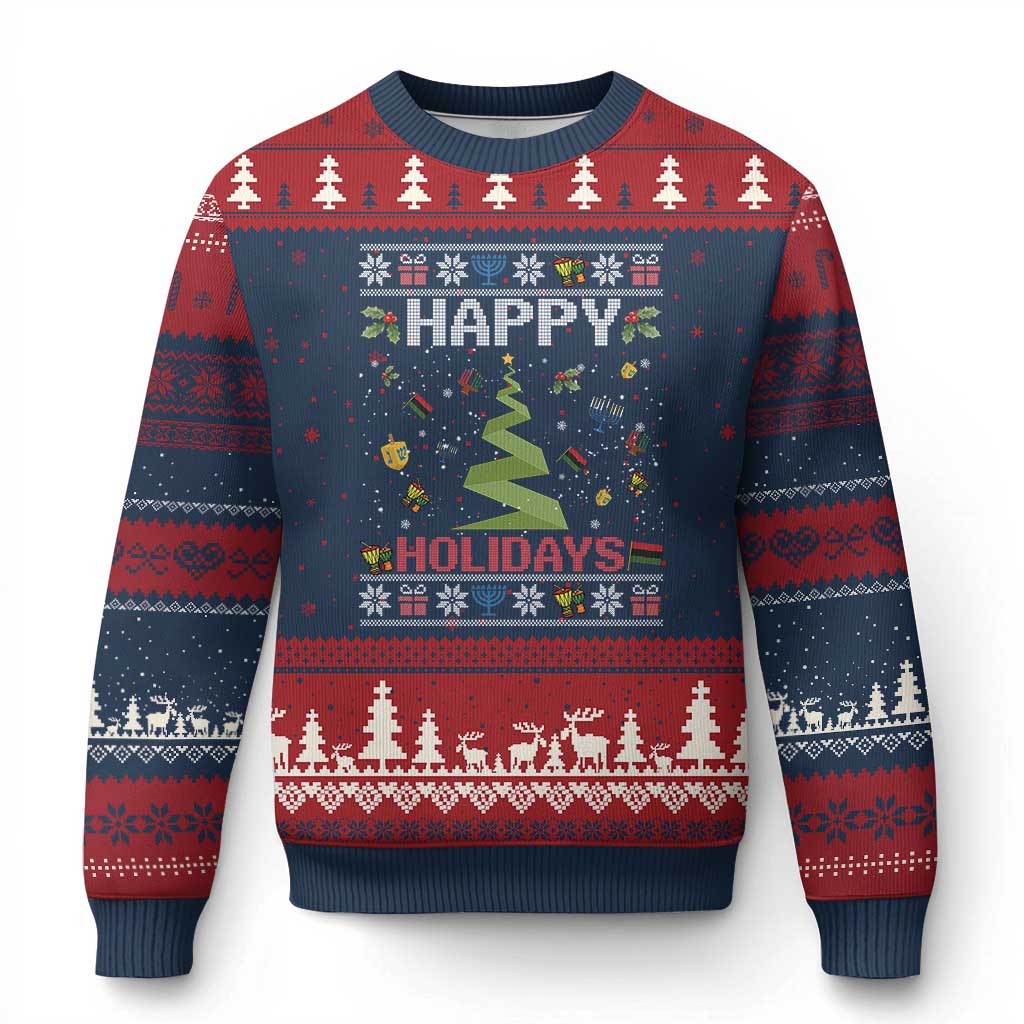 Happy Holidays For All Christmas Hanukkah Kwanzaa Gift Ugly Christmas Sweater TS12 Navy Red Print Your Wear