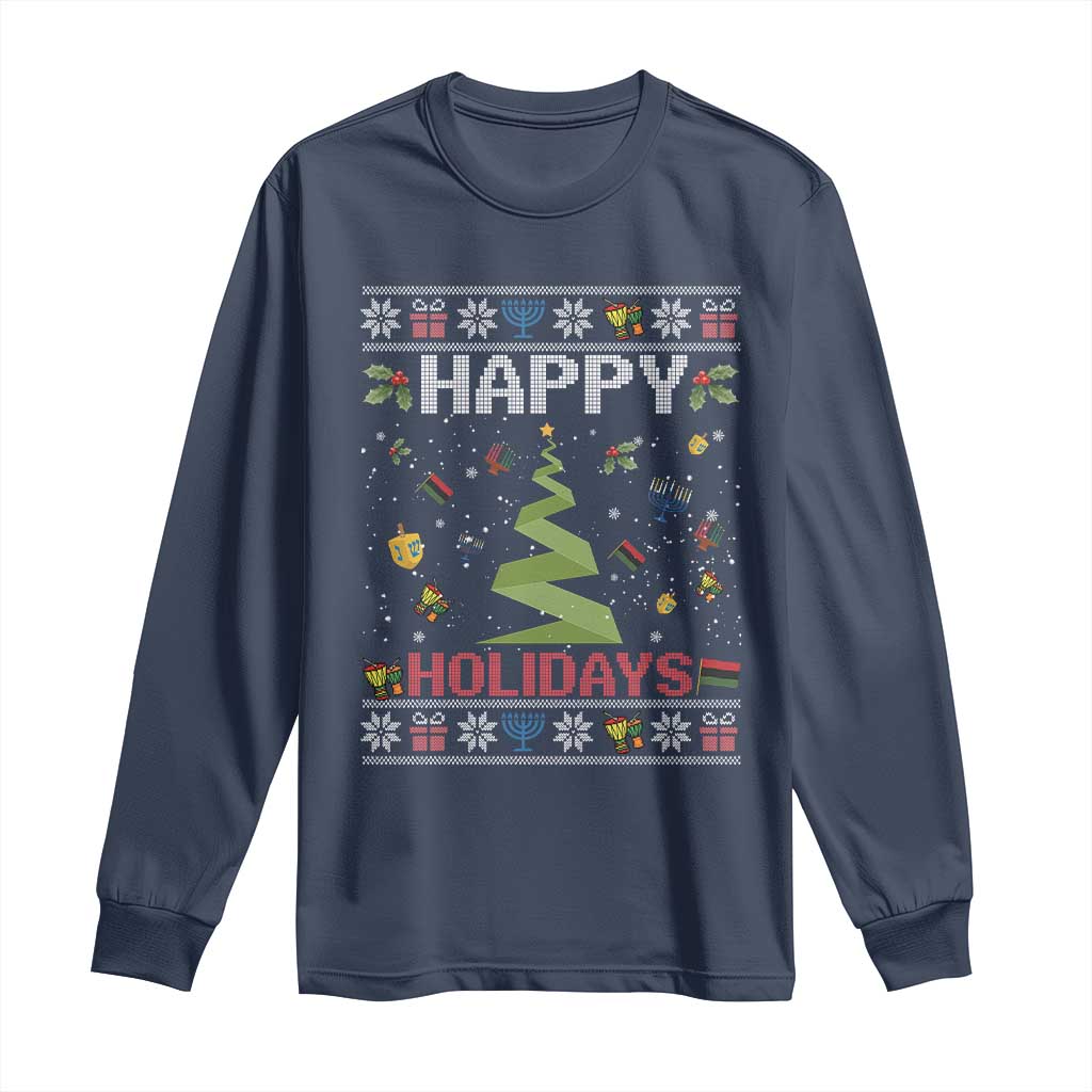Happy Holidays For All Christmas Hanukkah Kwanzaa Gift Long Sleeve Shirt TS12 Navy Print Your Wear