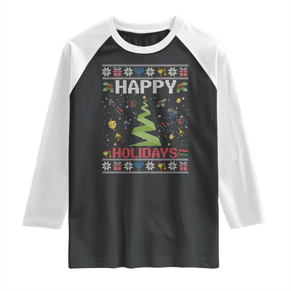 Happy Holidays For All Christmas Hanukkah Kwanzaa Gift Raglan Shirt TS12 Black White Print Your Wear