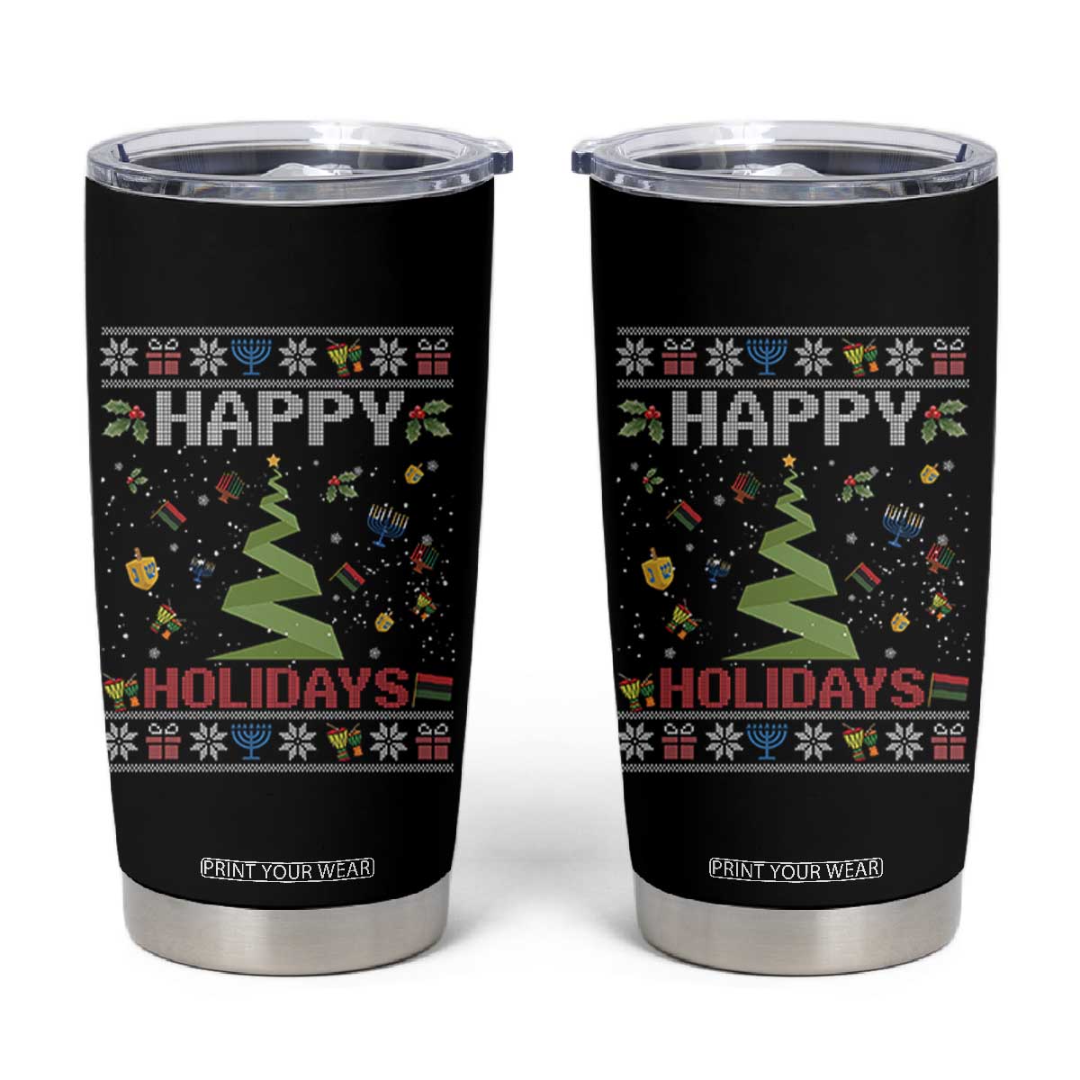 Happy Holidays For All Christmas Hanukkah Kwanzaa Gift Tumbler Cup TS12 Black Print Your Wear