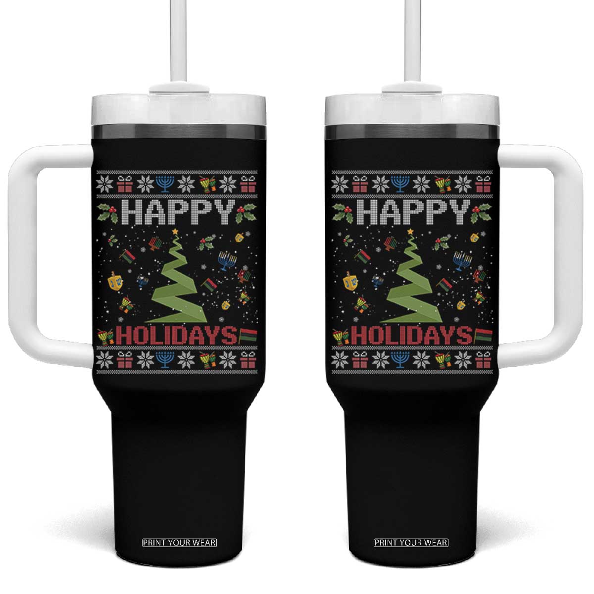 Happy Holidays For All Christmas Hanukkah Kwanzaa Gift Tumbler With Handle TS12 One Size: 40 oz Black Print Your Wear