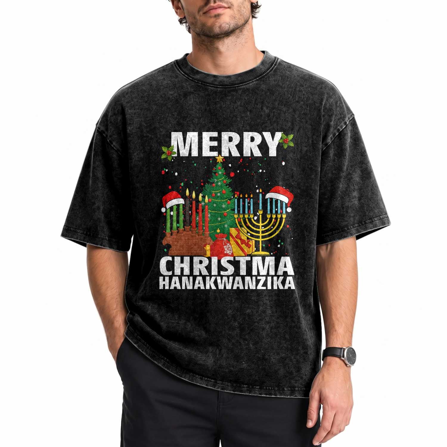 Merry Christmahanakwanzika Washed Cotton T-Shirt Christmas Hanukkah Kwanzaa Celebration Gift