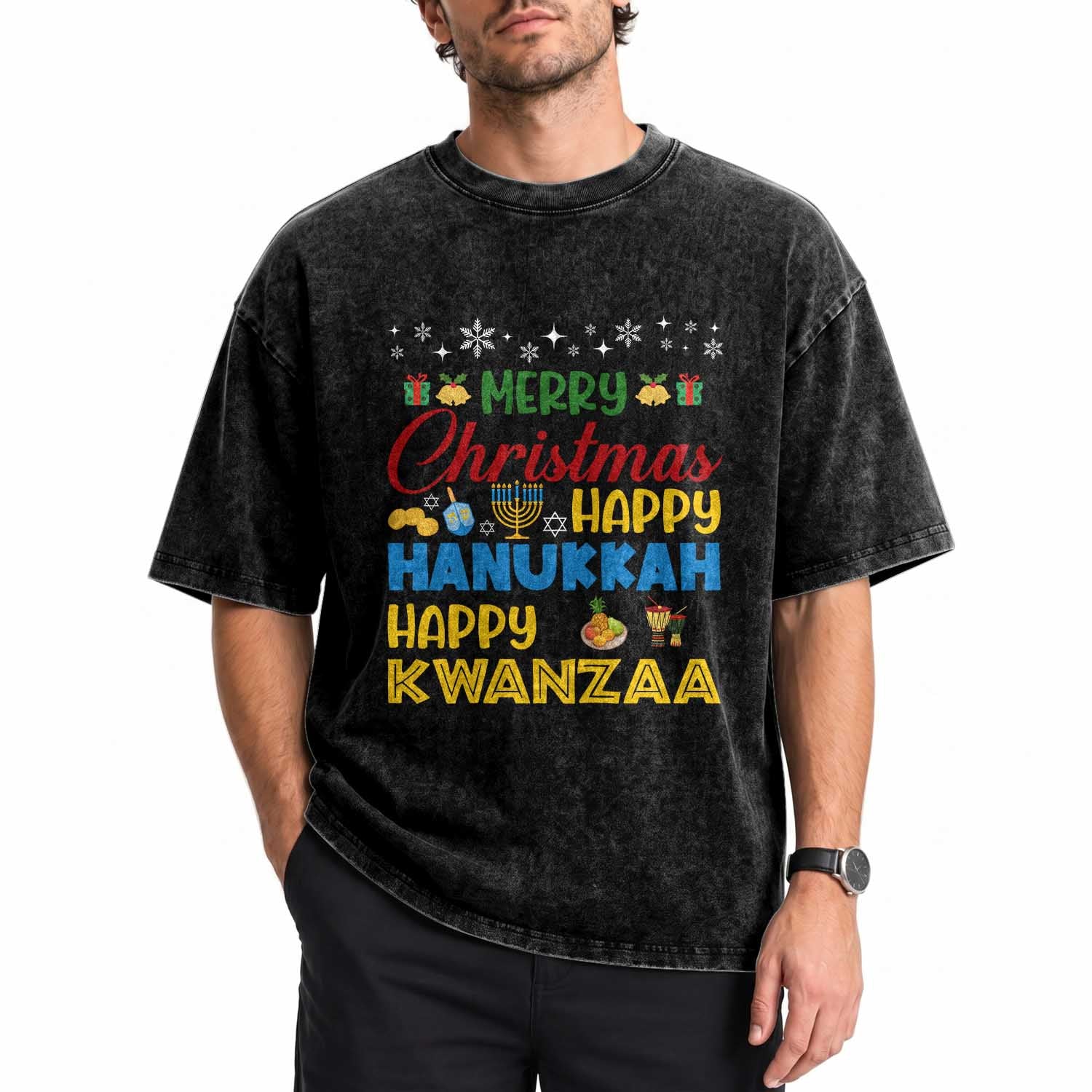 Celebrate All Holidays Merry Christmas Hanukkah Kwanzaa Gift Washed Cotton T-Shirt