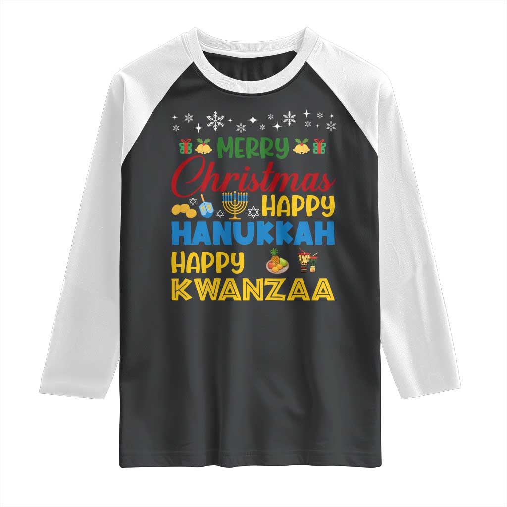 Celebrate All Holidays Merry Christmas Hanukkah Kwanzaa Gift Raglan Shirt TS12 Black White Print Your Wear