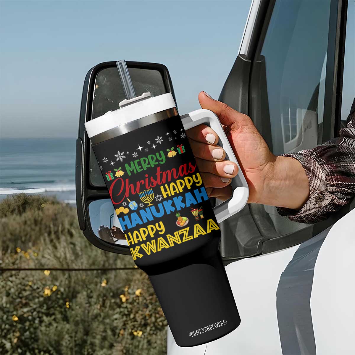 Celebrate All Holidays Merry Christmas Hanukkah Kwanzaa Gift Tumbler With Handle TS12 Print Your Wear