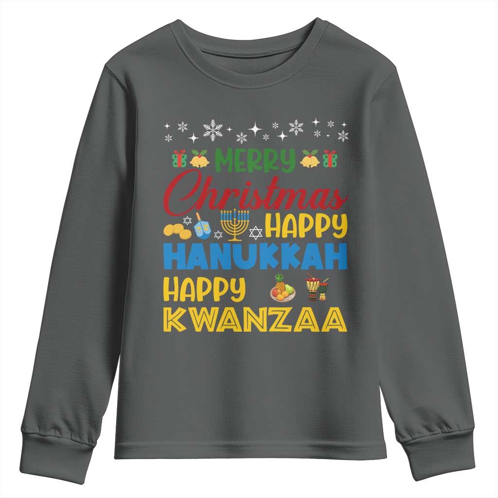 Celebrate All Holidays Merry Christmas Hanukkah Kwanzaa Gift Youth Sweatshirt TS12 Dark Heather Print Your Wear