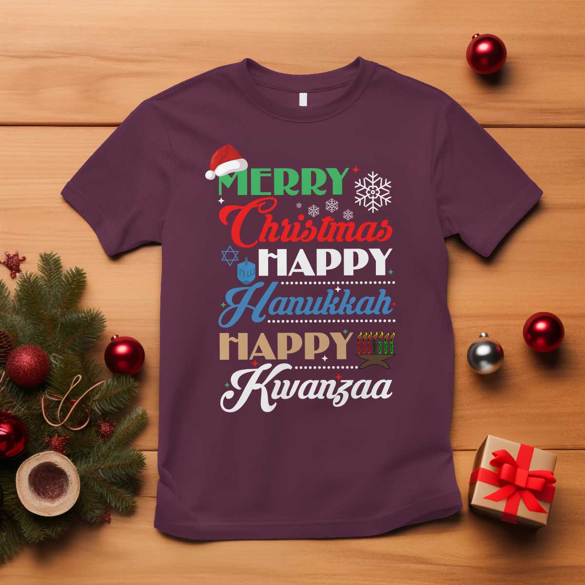 Funny Christmas Hanukkah Kwanzaa T Shirt December Holiday Gift TS12 Maroon Print Your Wear