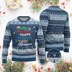 Funny Christmahanakwanzika Hanukkah Ugly Sweater December Holiday Gift TS12 Navy Light Blue Print Your Wear