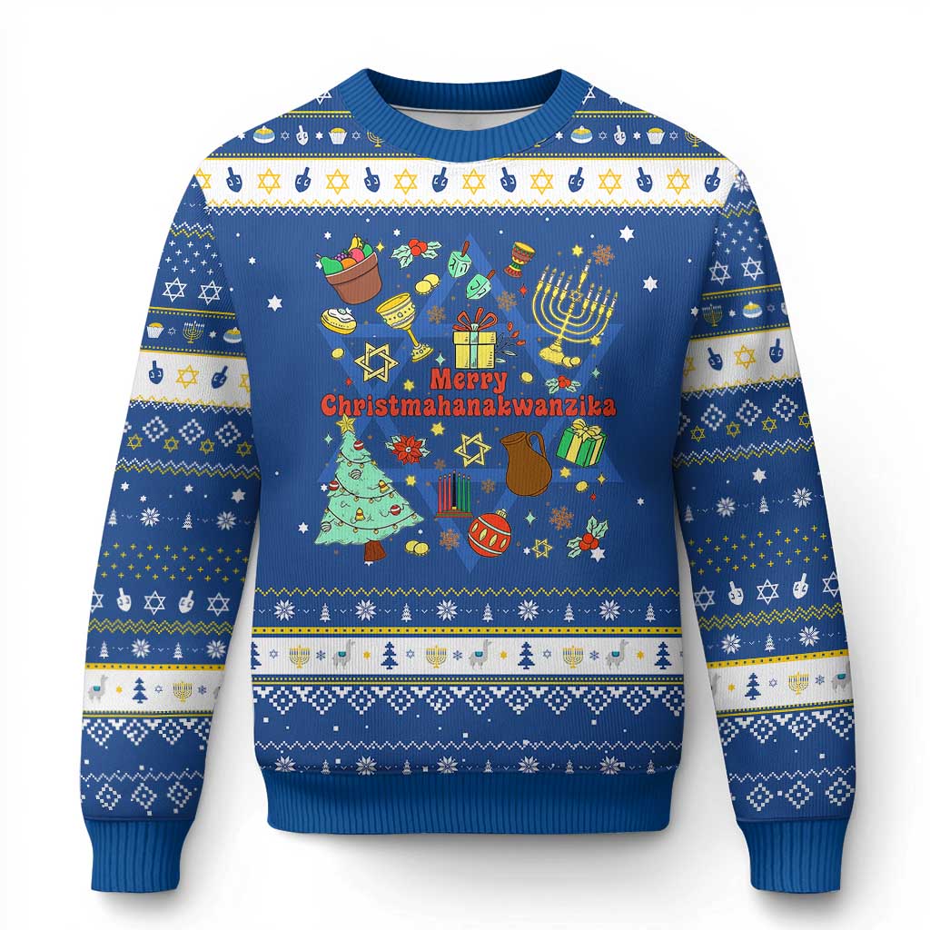 Merry Christmahanakwanzika Hanukkah Ugly Sweater Funny Winter Holiday Gift TS12 Blue White Print Your Wear