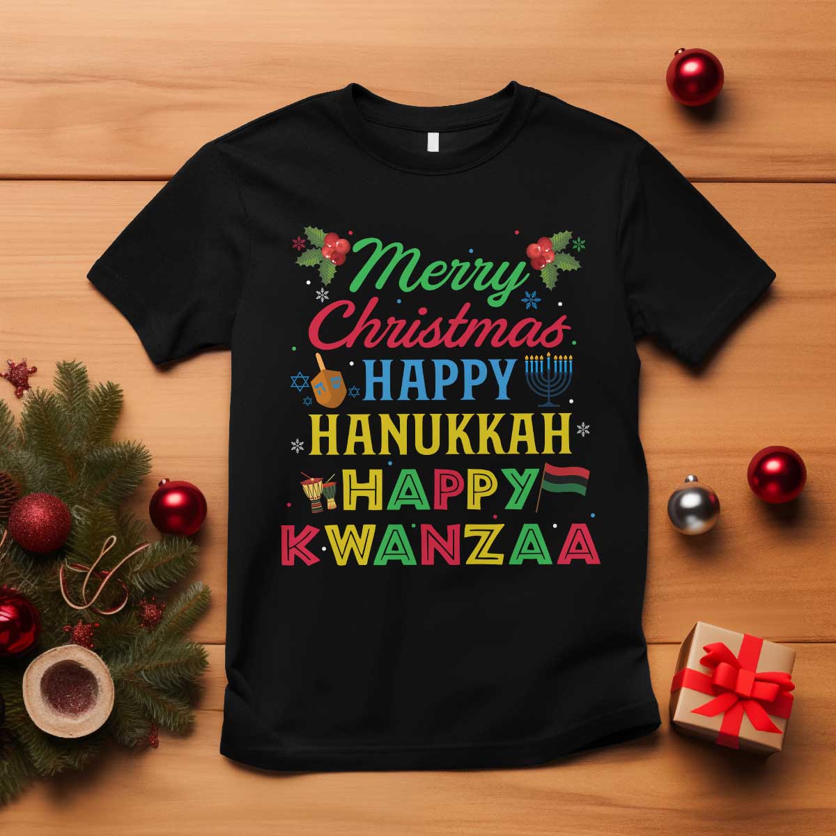 Merry Christmas Hanukkah Kwanzaa T Shirt Funny Holiday Gift TS12 Black Print Your Wear