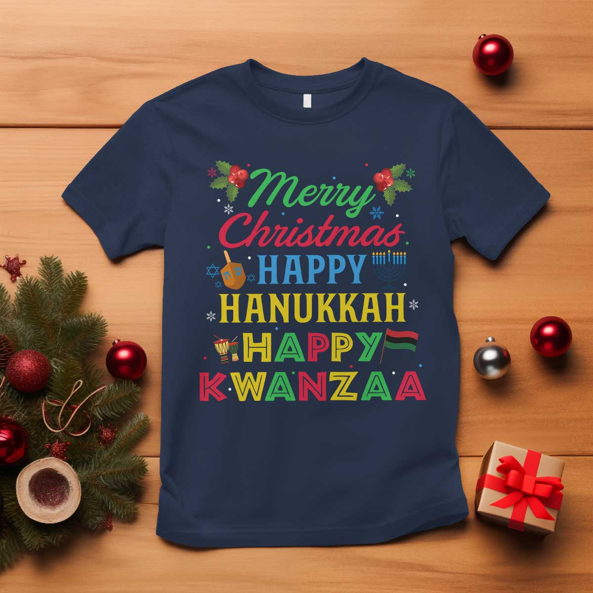 Merry Christmas Hanukkah Kwanzaa T Shirt Funny Holiday Gift TS12 Navy Print Your Wear