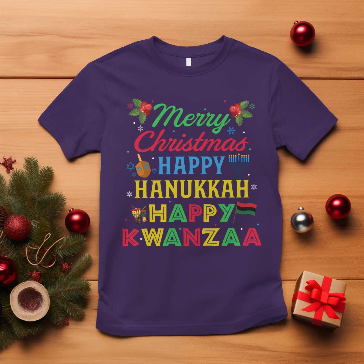 Merry Christmas Hanukkah Kwanzaa T Shirt Funny Holiday Gift TS12 Purple Print Your Wear