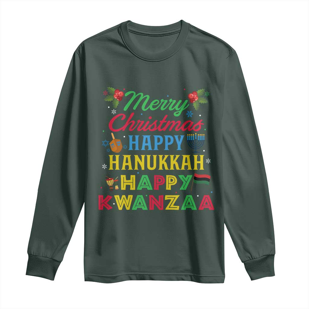Merry Christmas Hanukkah Kwanzaa Long Sleeve Shirt Funny Holiday Gift TS12 Dark Forest Green Print Your Wear