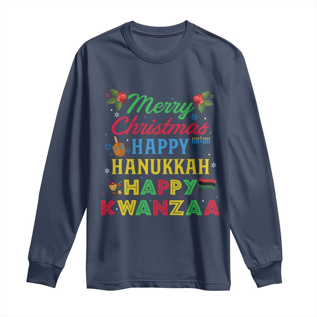 Merry Christmas Hanukkah Kwanzaa Long Sleeve Shirt Funny Holiday Gift TS12 Navy Print Your Wear
