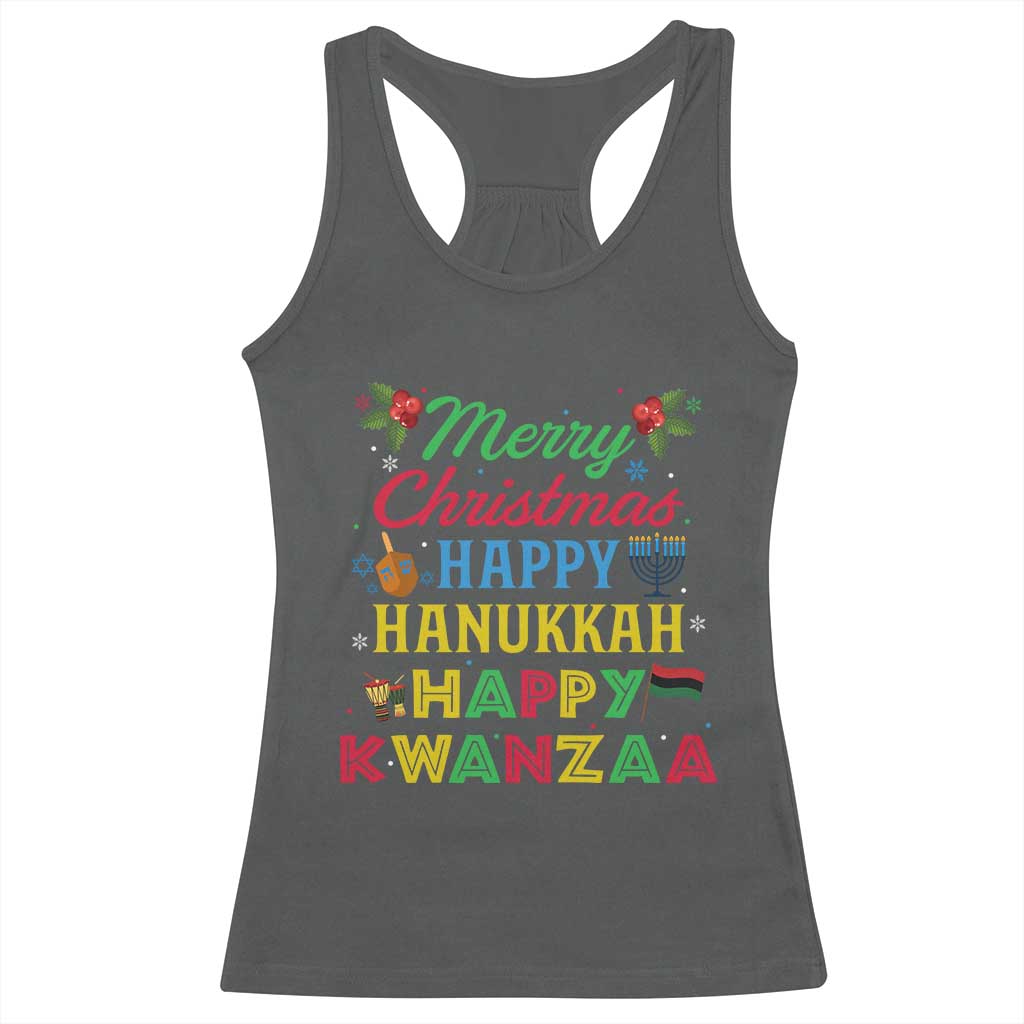 Merry Christmas Hanukkah Kwanzaa Racerback Tank Top Funny Holiday Gift TS12 Dark Heather Print Your Wear
