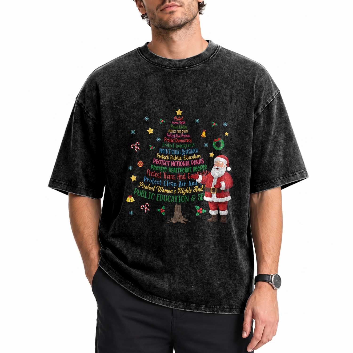 Pro Democracy Activist Christmas Tree Washed Cotton T-Shirt Human Rights Xmas Gift