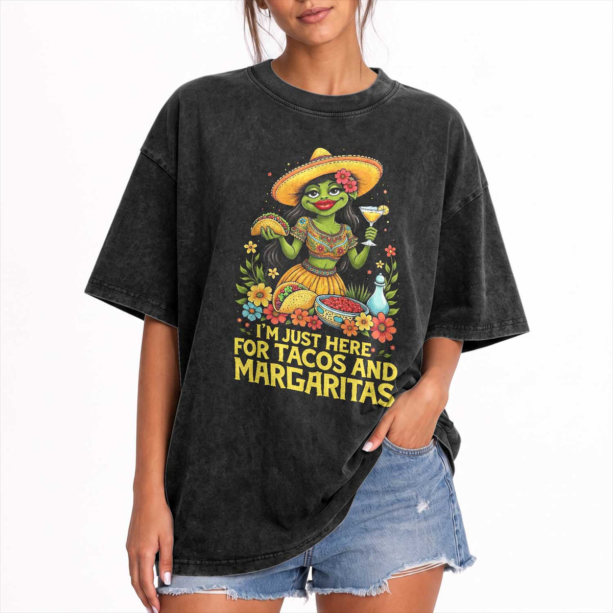 Funny Cinco De Mayo Frog Washed Cotton T-Shirt Just Here For Tacos And Margaritas