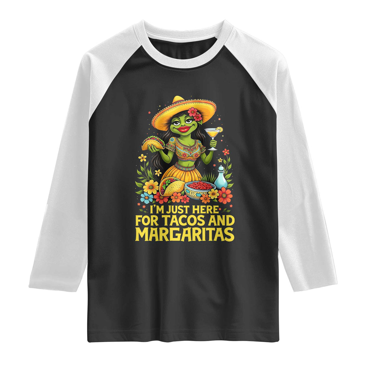 Funny Cinco De Mayo Frog Raglan Shirt Just Here For Tacos And Margaritas TS12 Black White Print Your Wear